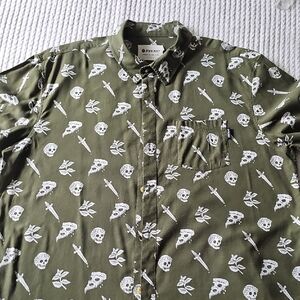 PYKNIC Olive Short-Sleeve Button-Down with White Skull Print